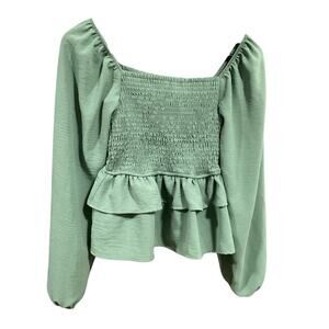 Altar'd State Marley Top NWT Size XS Green Smocked Square Neck Long Sleeve